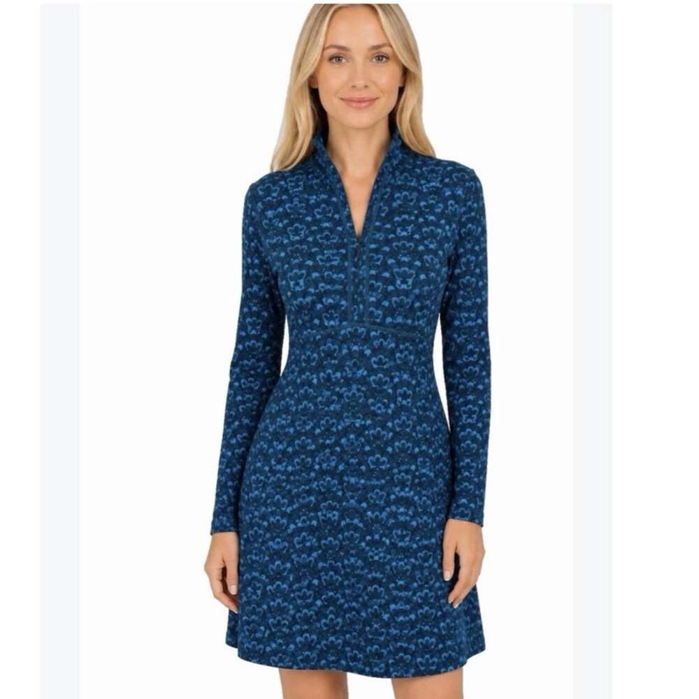 Title Nine Blue Floral Print Long Sleeve A Line Dress XL Quarter Zip Travel